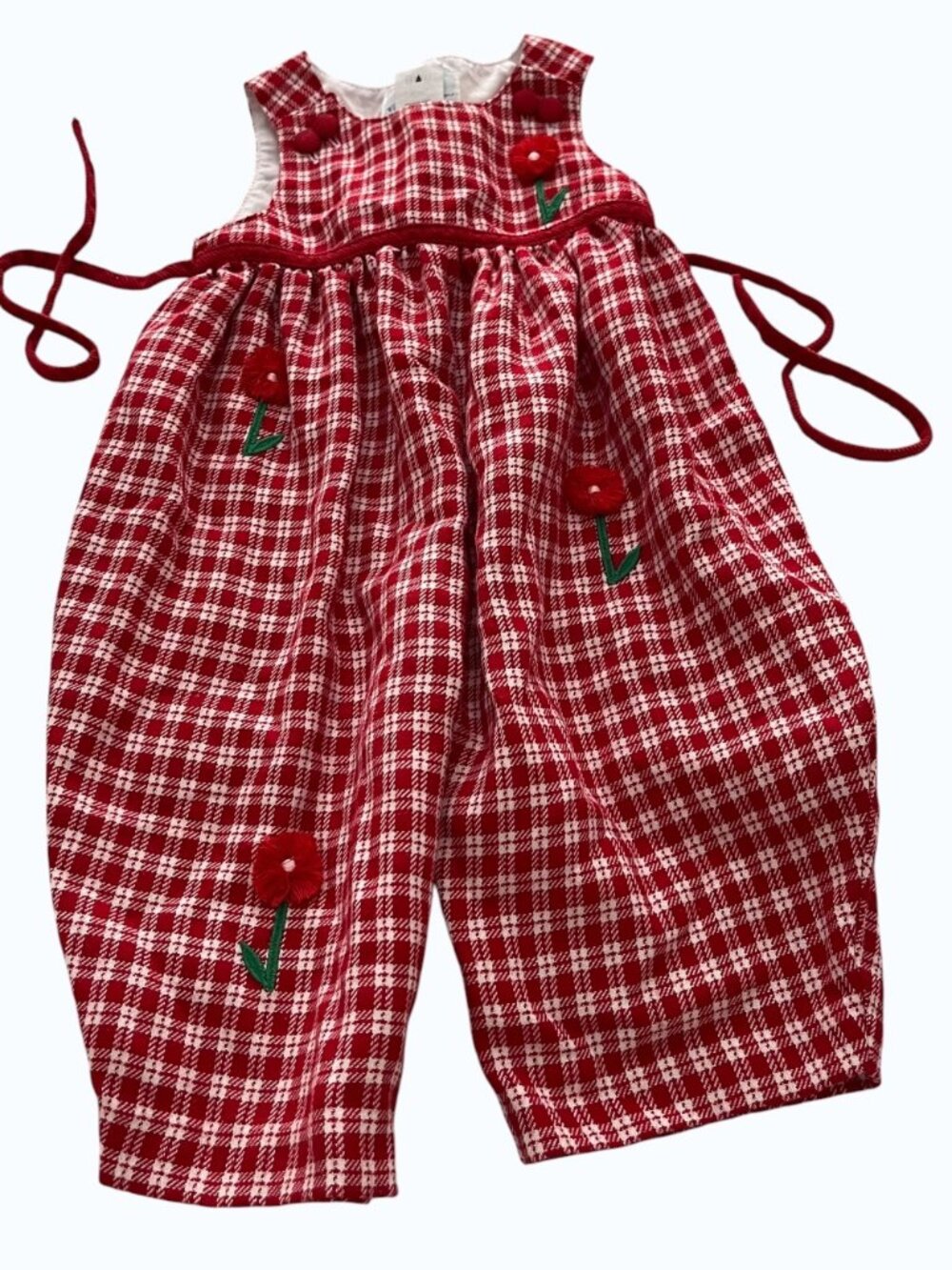 VTG Florence Eiseman 12M Girls Red Plaid Floral Embroidered Jumpsuit Romper Pant